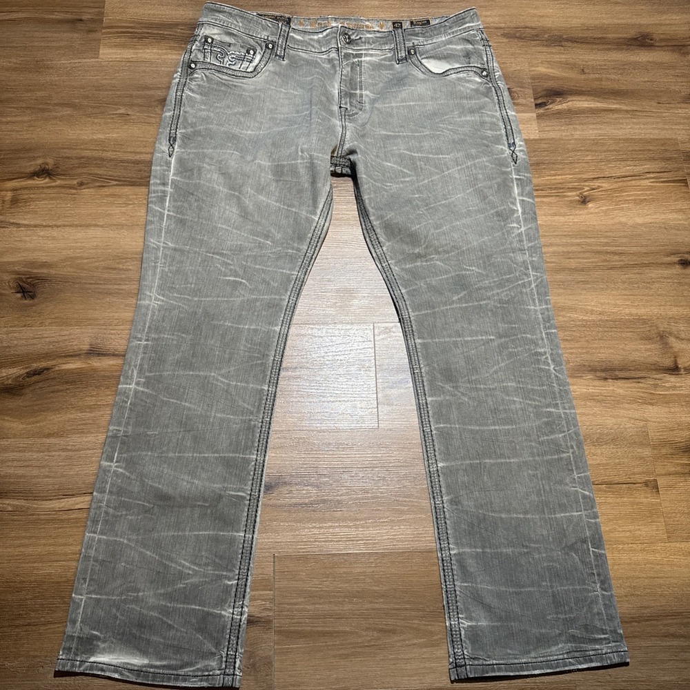 Rock Revival Kaylen‎ Rock Straight Jeans Mens 42x34 Distressed Gray Embroidered
